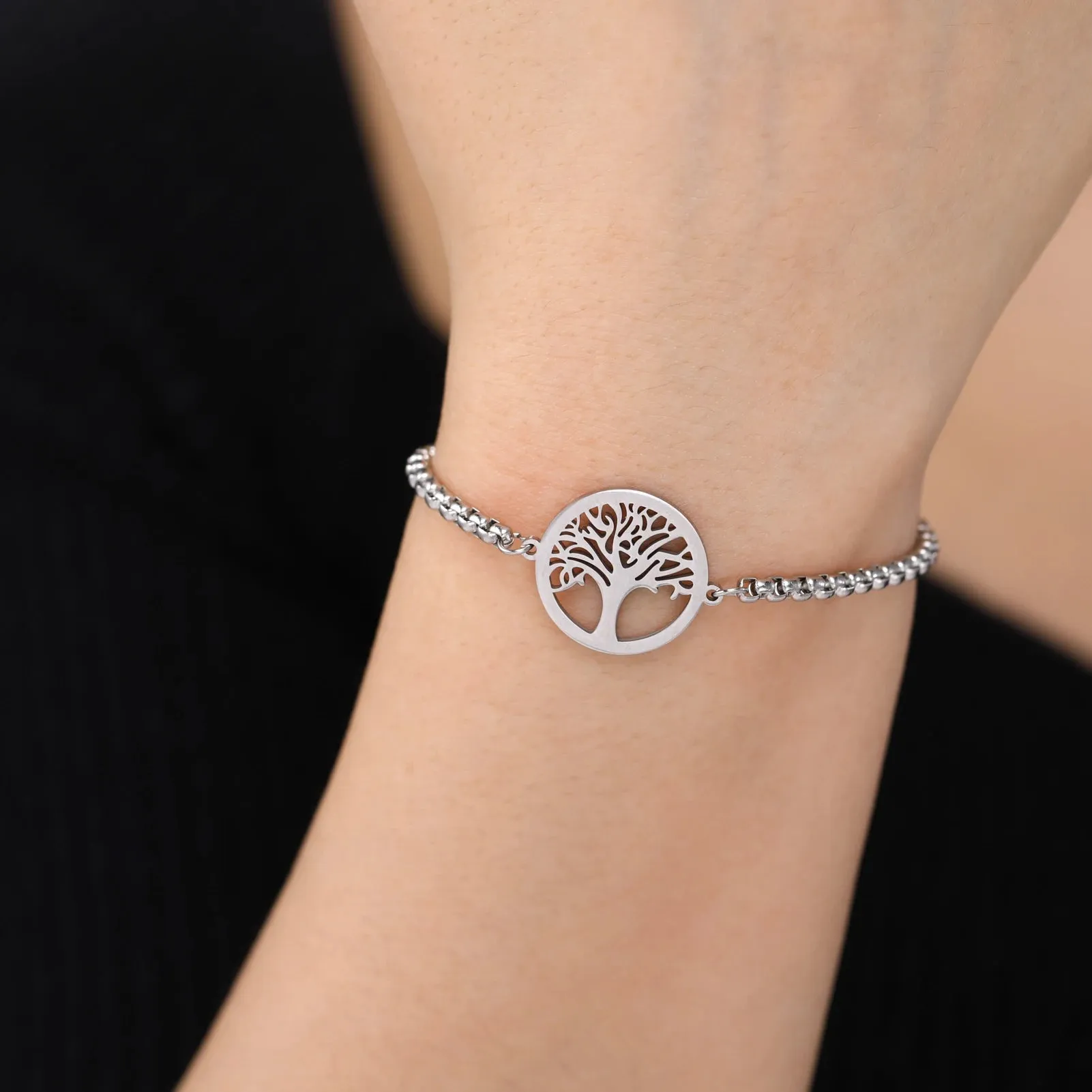 Hip Hop Stainless Steel Box Chain Bracelet Openworked Tree of Life Pendant Bracelet for Men Women Jewelry Party Gift