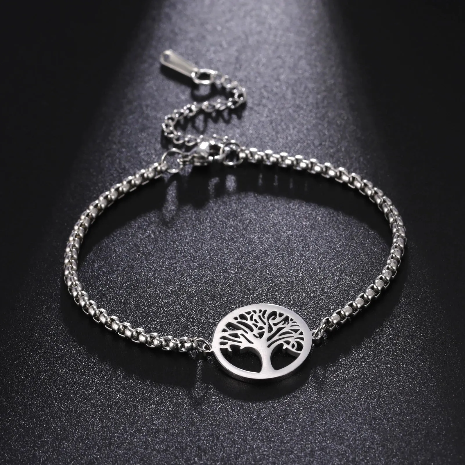 Hip Hop Stainless Steel Box Chain Bracelet Openworked Tree of Life Pendant Bracelet for Men Women Jewelry Party Gift