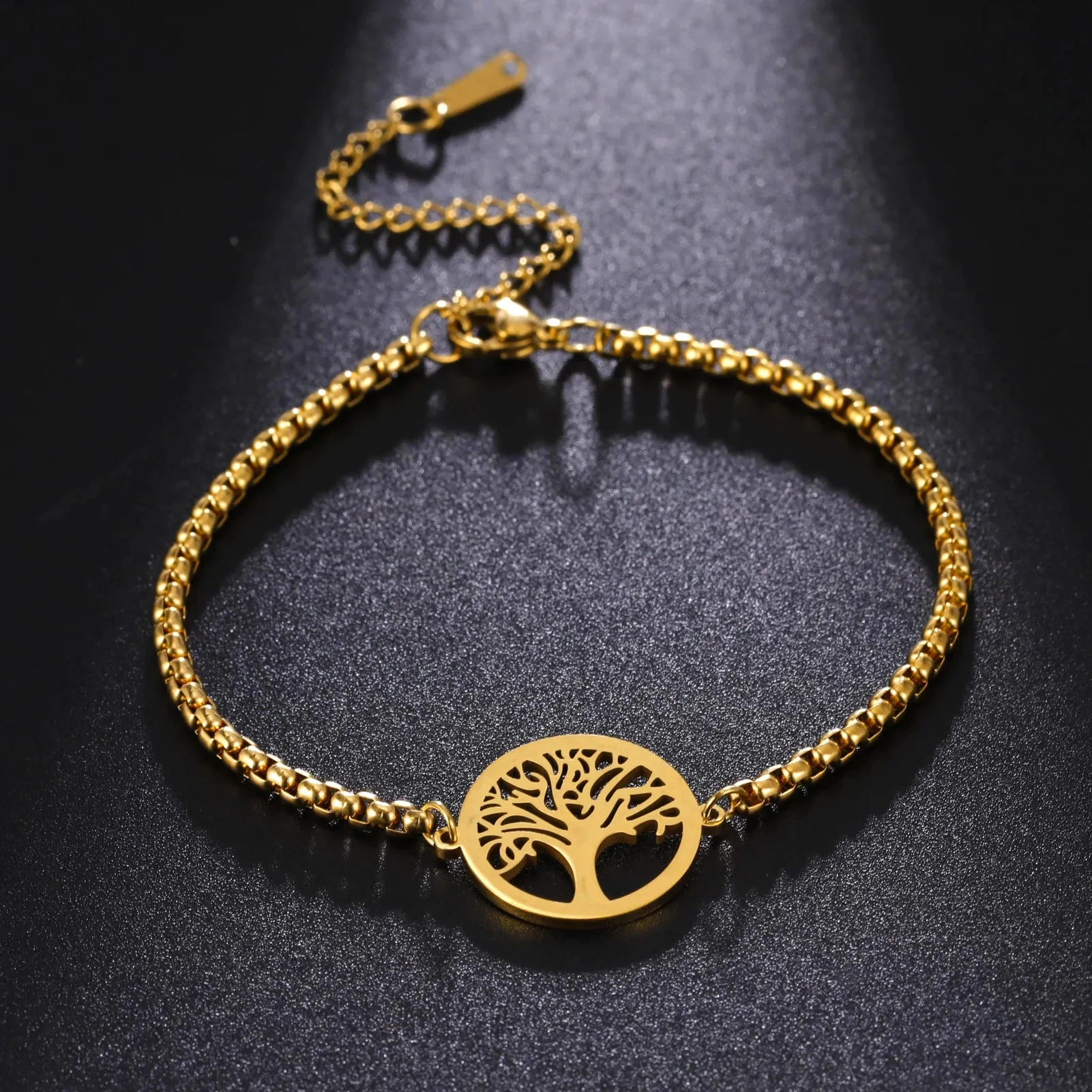 Hip Hop Stainless Steel Box Chain Bracelet Openworked Tree of Life Pendant Bracelet for Men Women Jewelry Party Gift