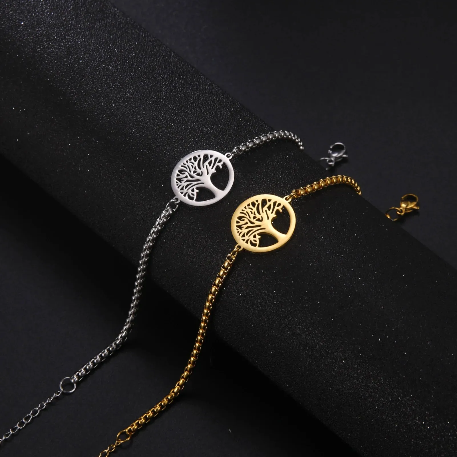 Hip Hop Stainless Steel Box Chain Bracelet Openworked Tree of Life Pendant Bracelet for Men Women Jewelry Party Gift