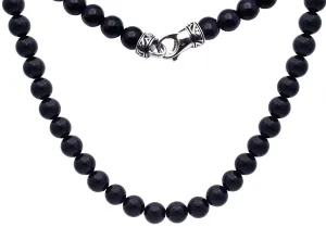 Mens Genuine 8mm Onyx Stainless Steel Beaded Necklace