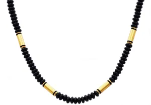 Mens Genuine Onyx Gold Stainless Steel Disk Link Chain Necklace