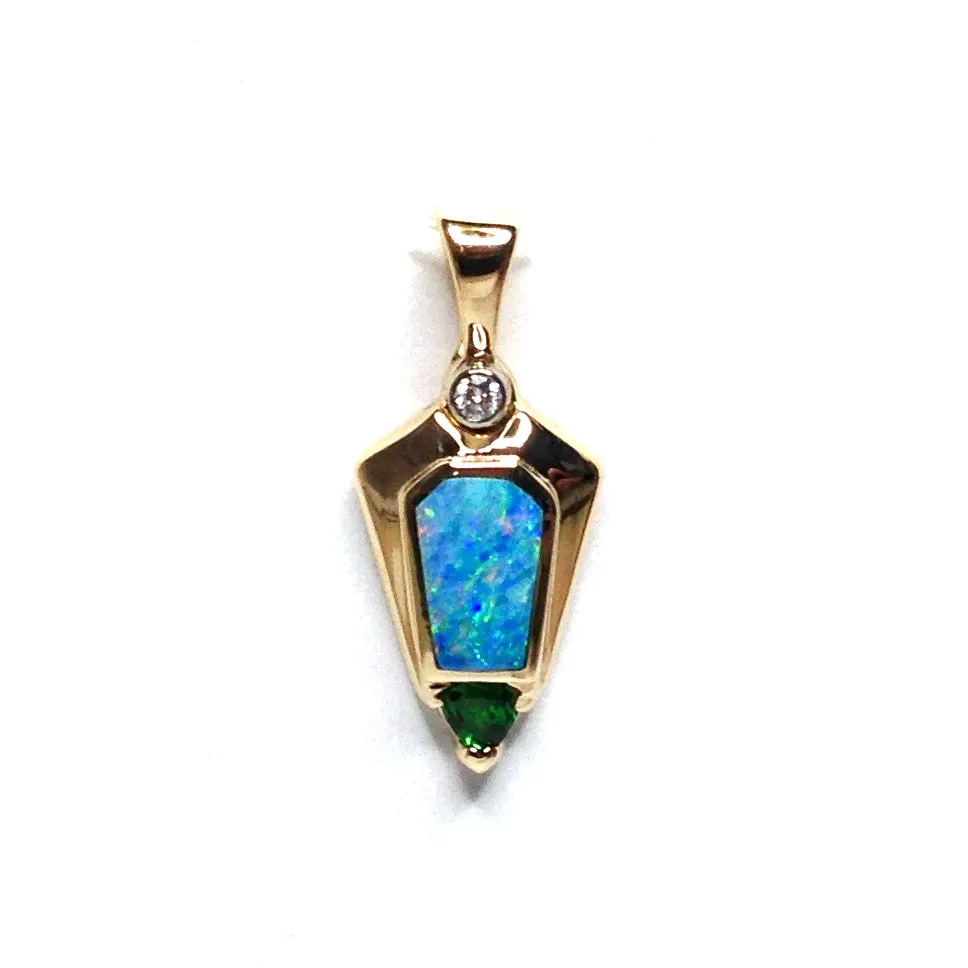 Opal Pendant Geometric Inlaid with Trillion Tsavorite & .02ct Diamond