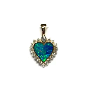 Opal Pendant Heart Shape Inlaid Design with .21ctw Round Diamonds Halo