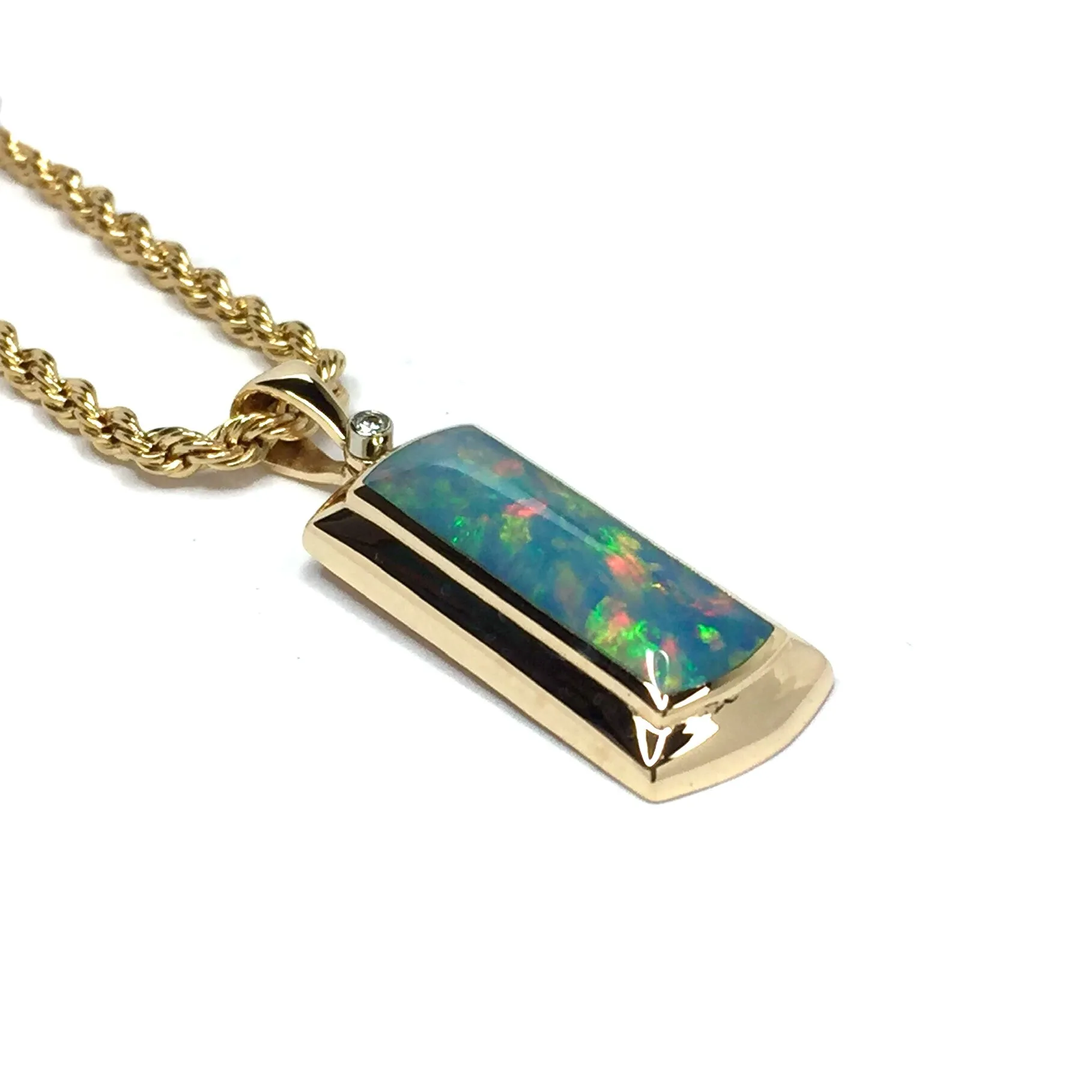 Opal Pendant Rectangle Inlaid Design with .02ct Round Diamond