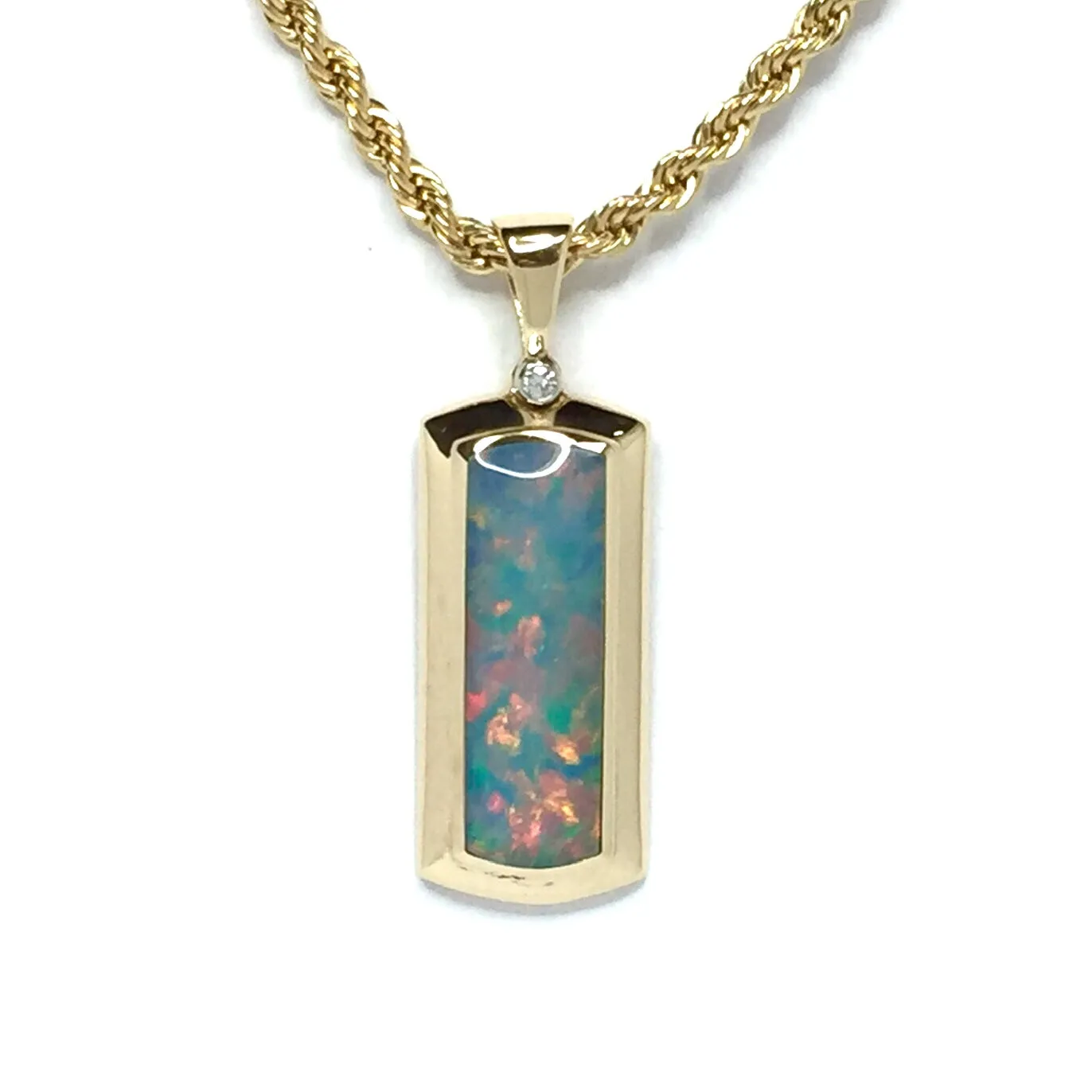 Opal Pendant Rectangle Inlaid Design with .02ct Round Diamond