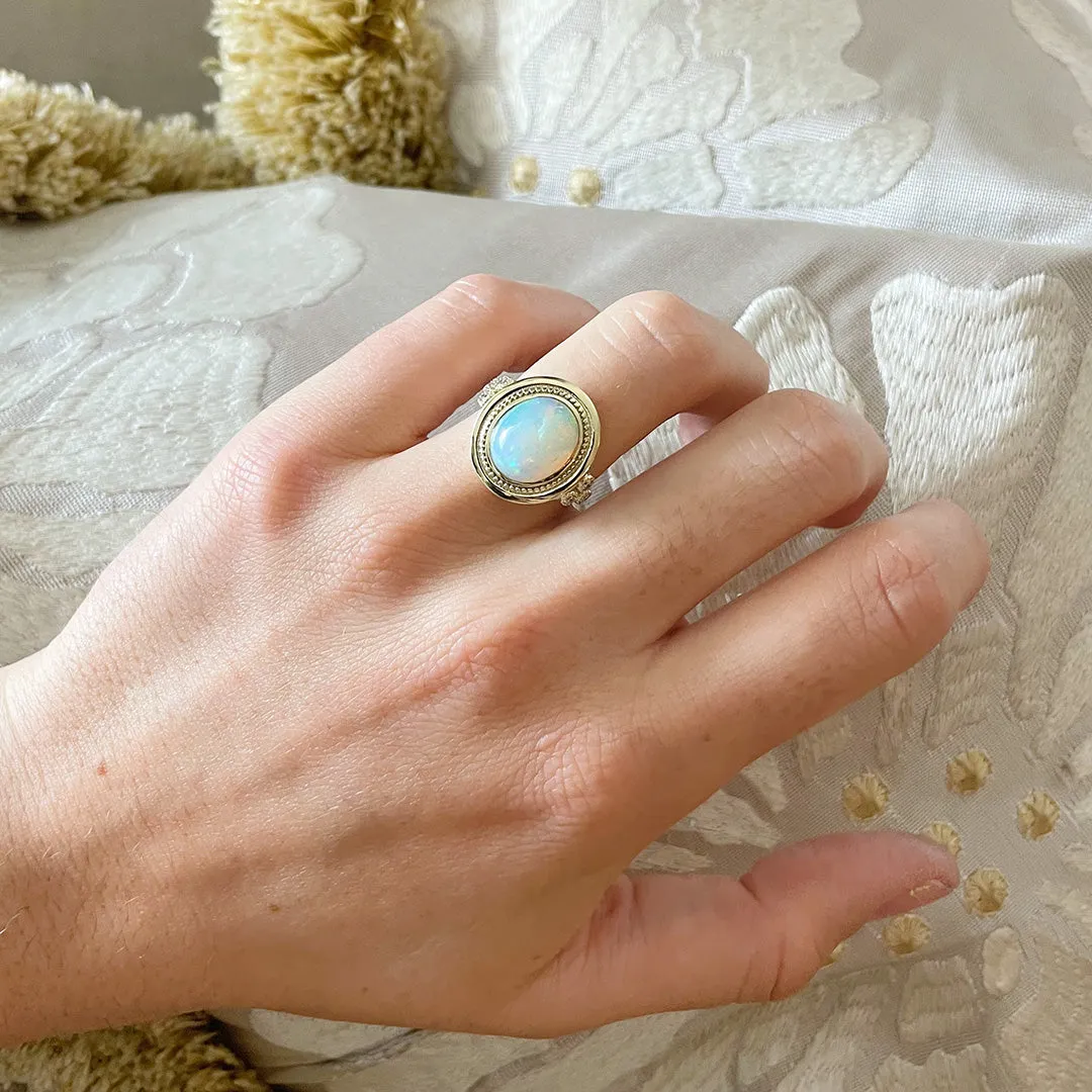 Oval Cabochon Opal & Diamond Trio 14K Yellow Gold Ring