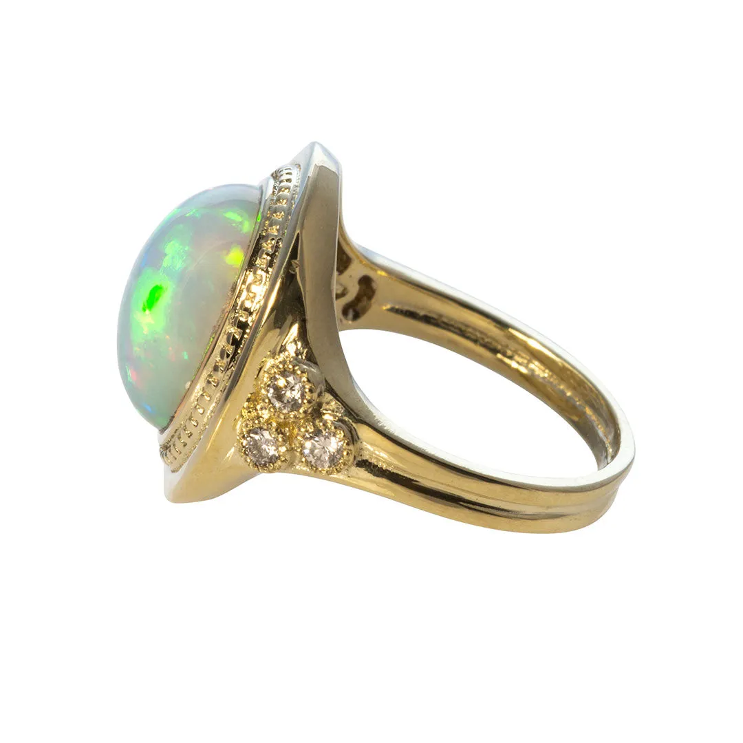 Oval Cabochon Opal & Diamond Trio 14K Yellow Gold Ring