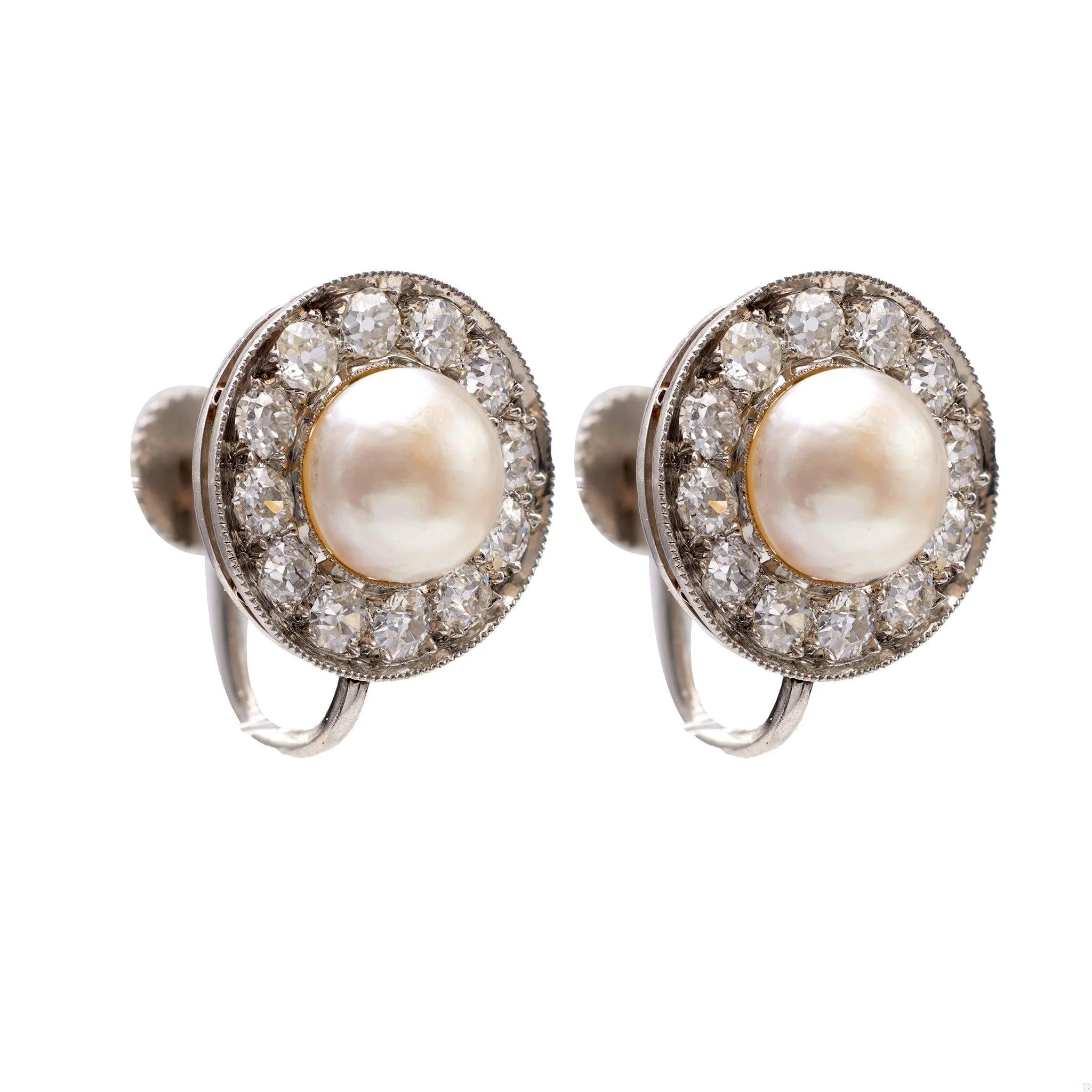 Pair of Art Deco GIA Pearl and Diamond Platinum Earrings