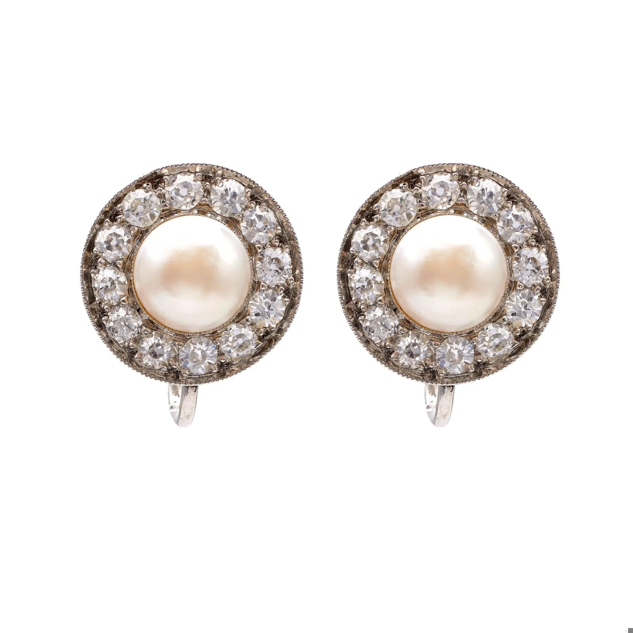 Pair of Art Deco GIA Pearl and Diamond Platinum Earrings