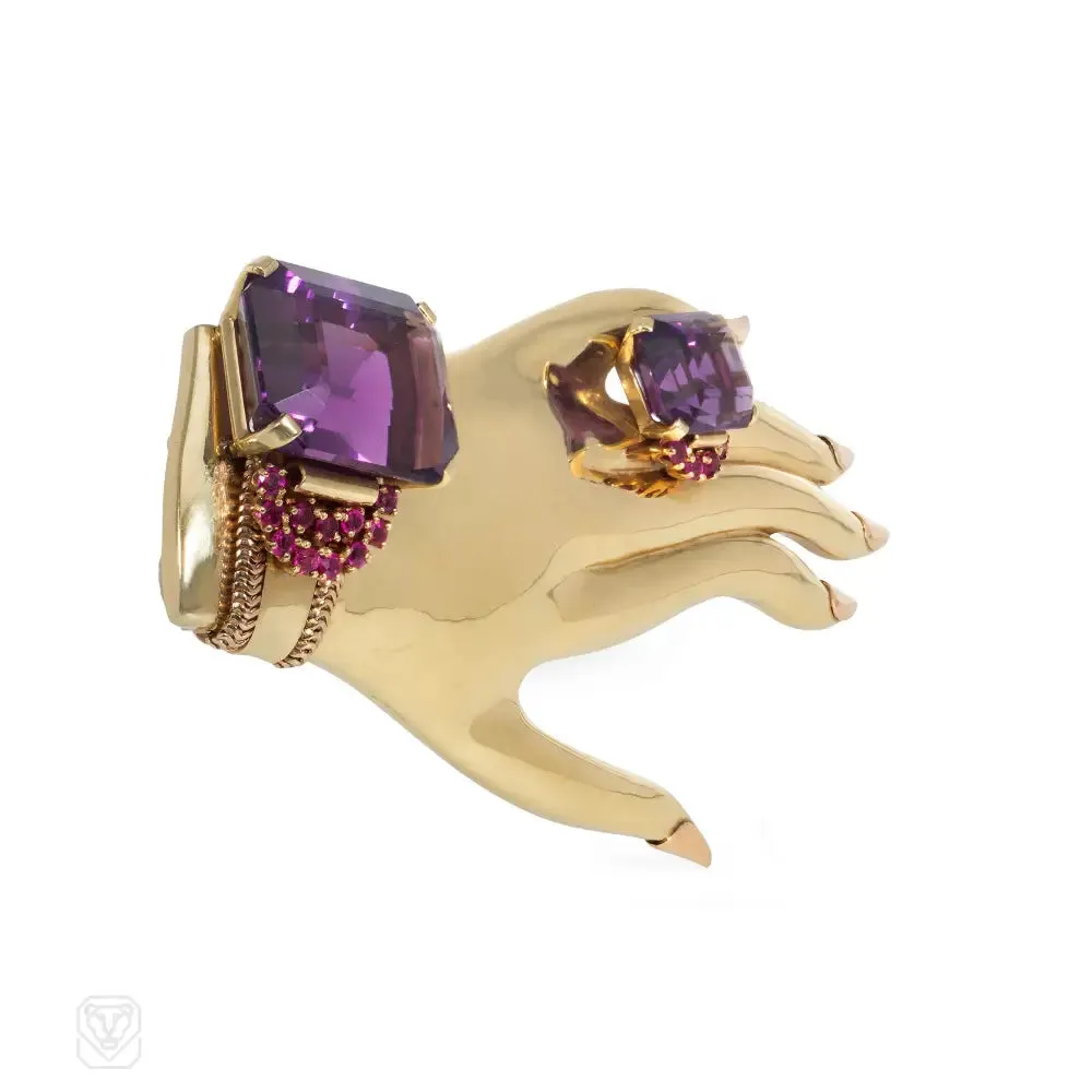 Paul Flato Retro gold and amethyst hand brooch