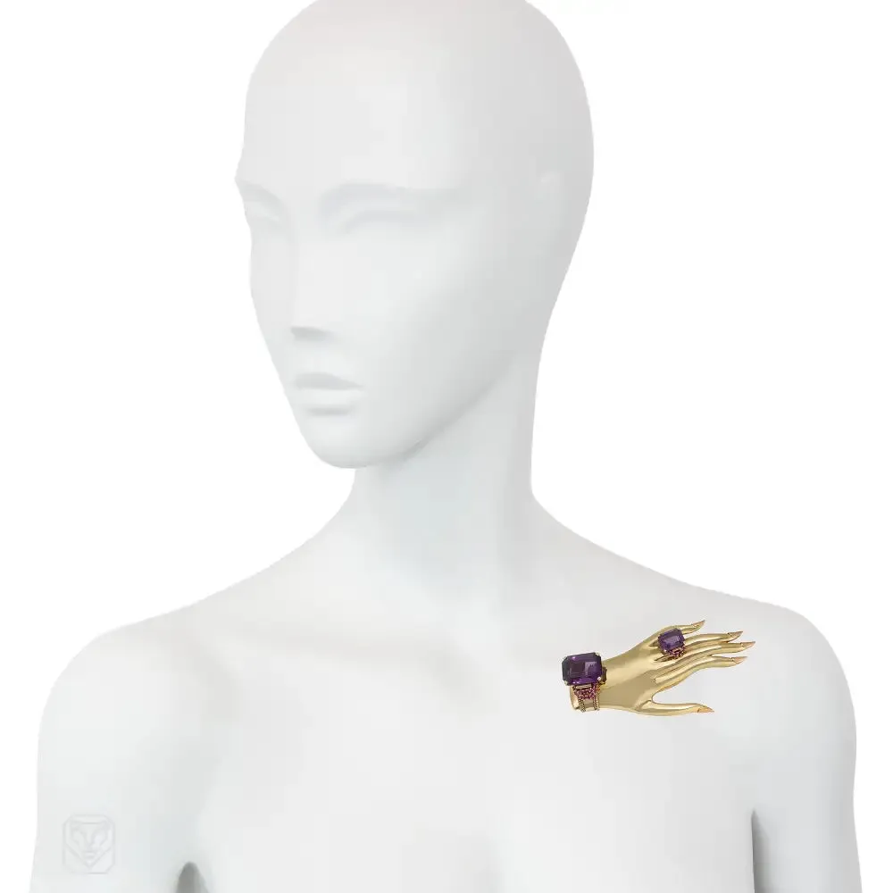 Paul Flato Retro gold and amethyst hand brooch