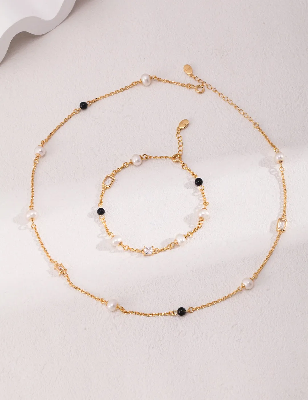 Pearl Black Onyx Cubic Zirconia Chain Necklace