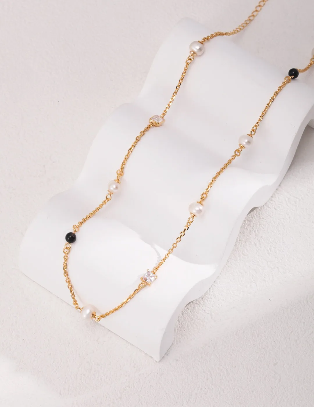 Pearl Black Onyx Cubic Zirconia Chain Necklace