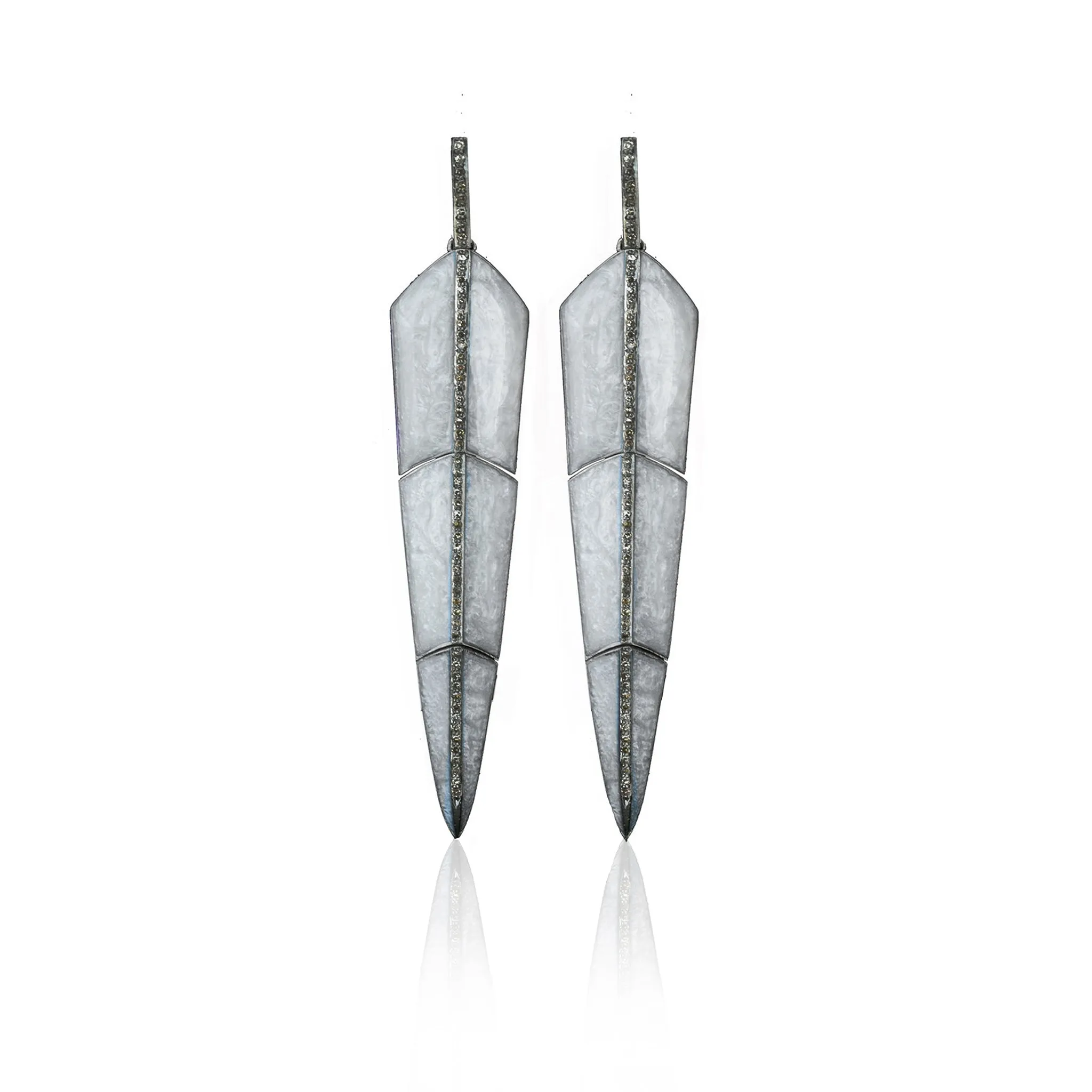 Pearl Grey Enamel Feather Earrings