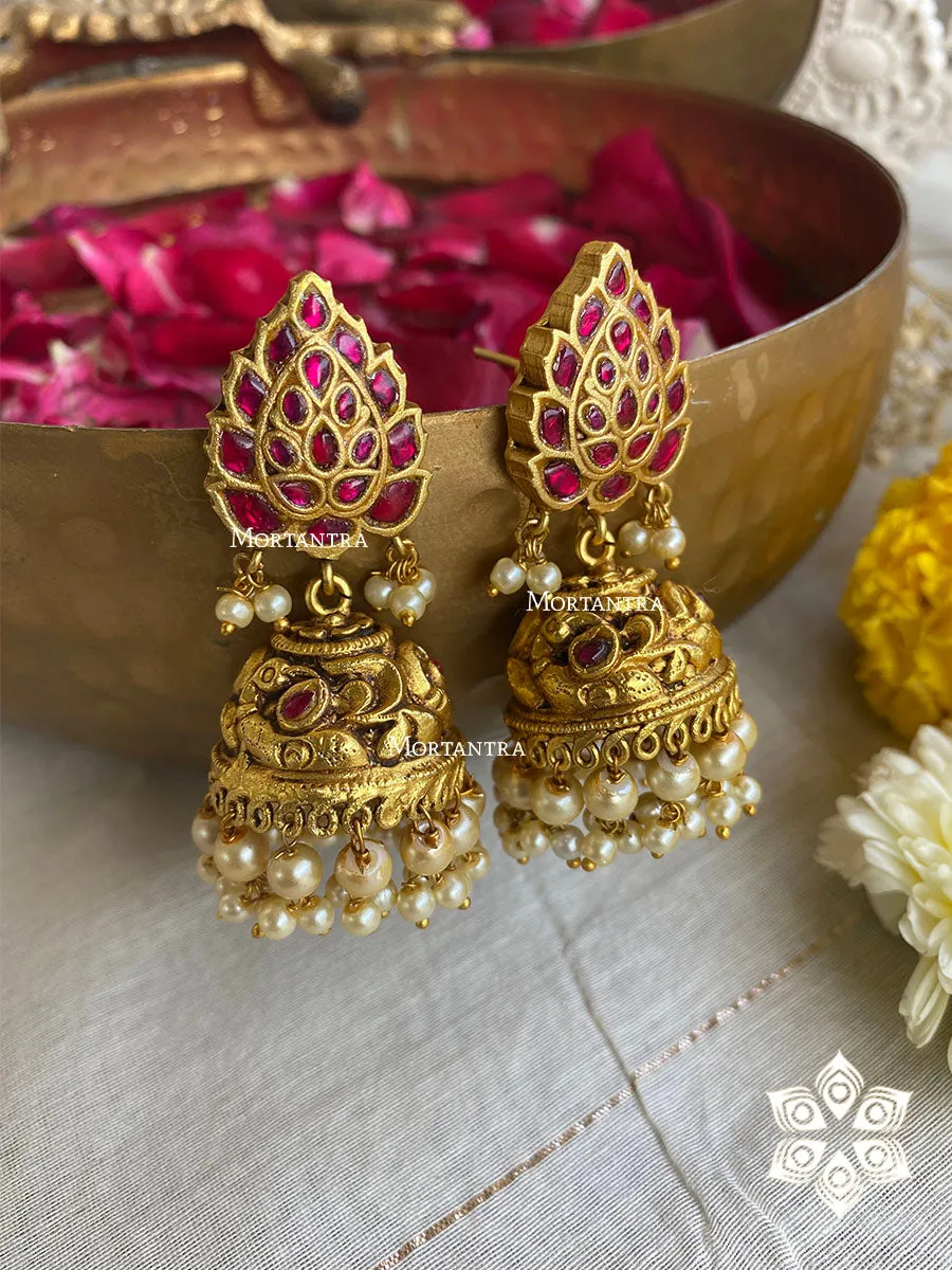 Pink Color Gold Plated Temple Earrings - TMPEAR54P