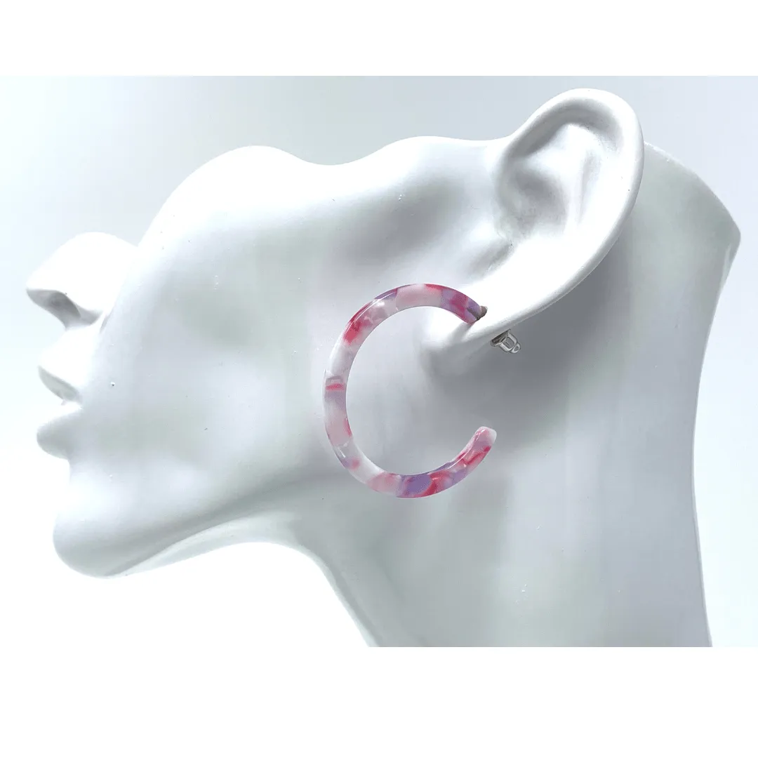 Pink Marbled Resin Hoop Earrings