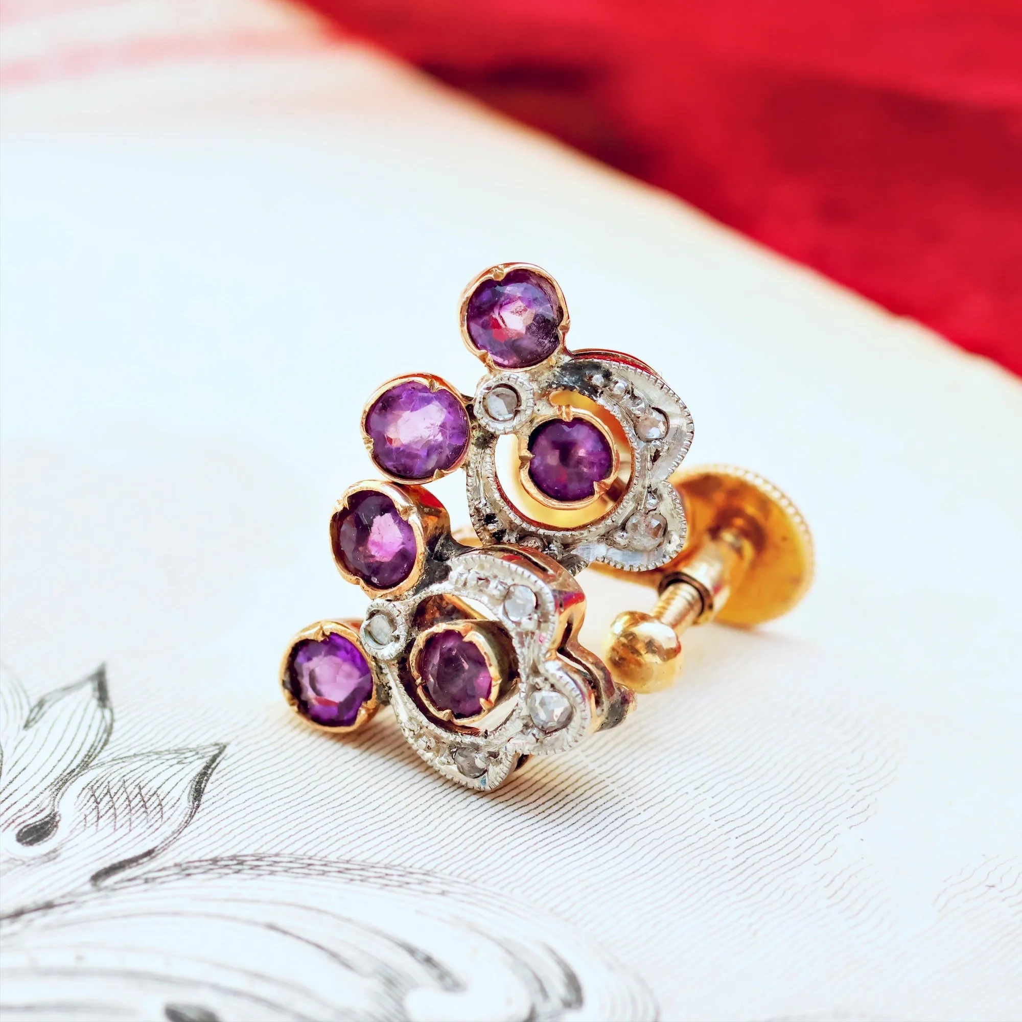 Pretty Antique Screw Fix Amethyst & Diamond Earrings