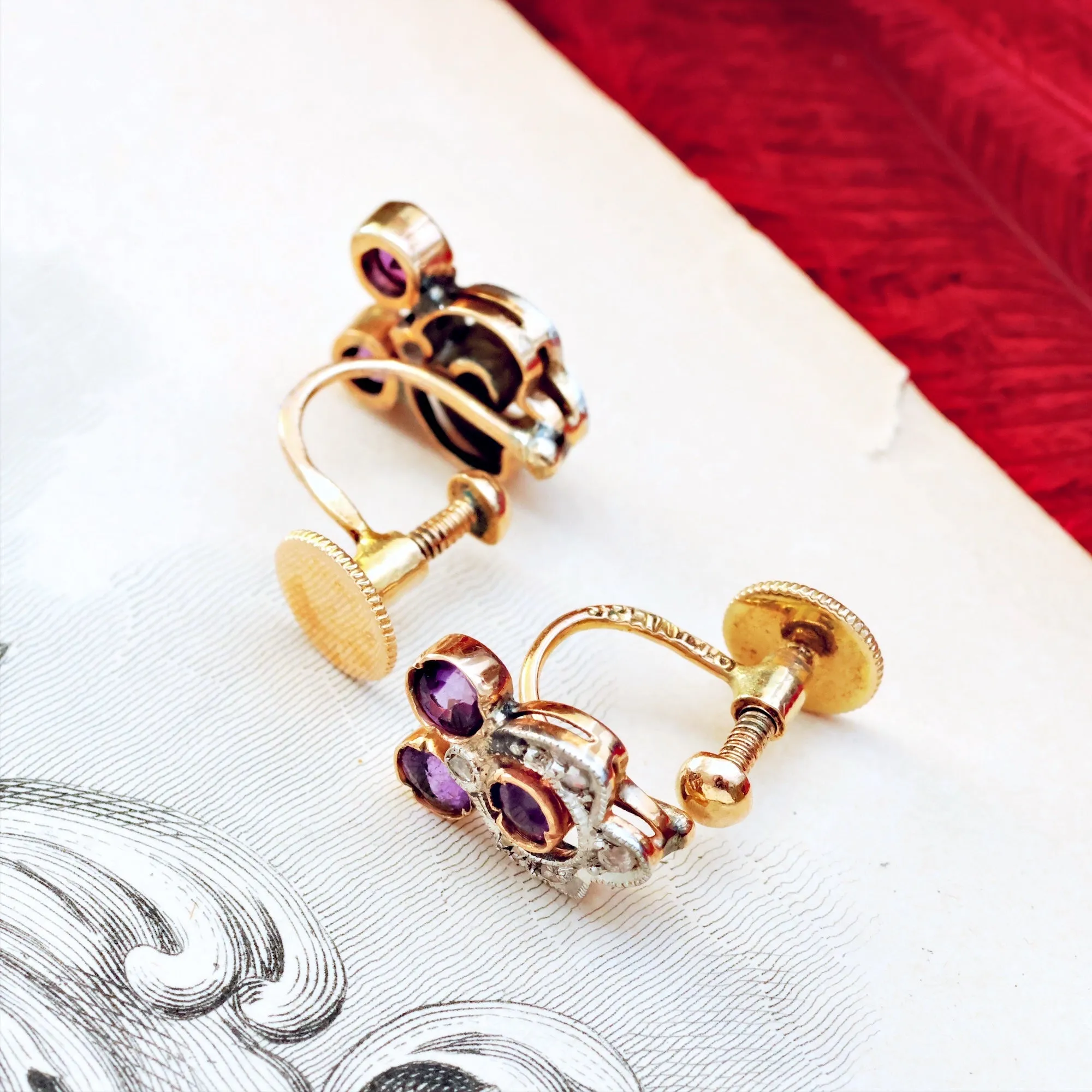 Pretty Antique Screw Fix Amethyst & Diamond Earrings