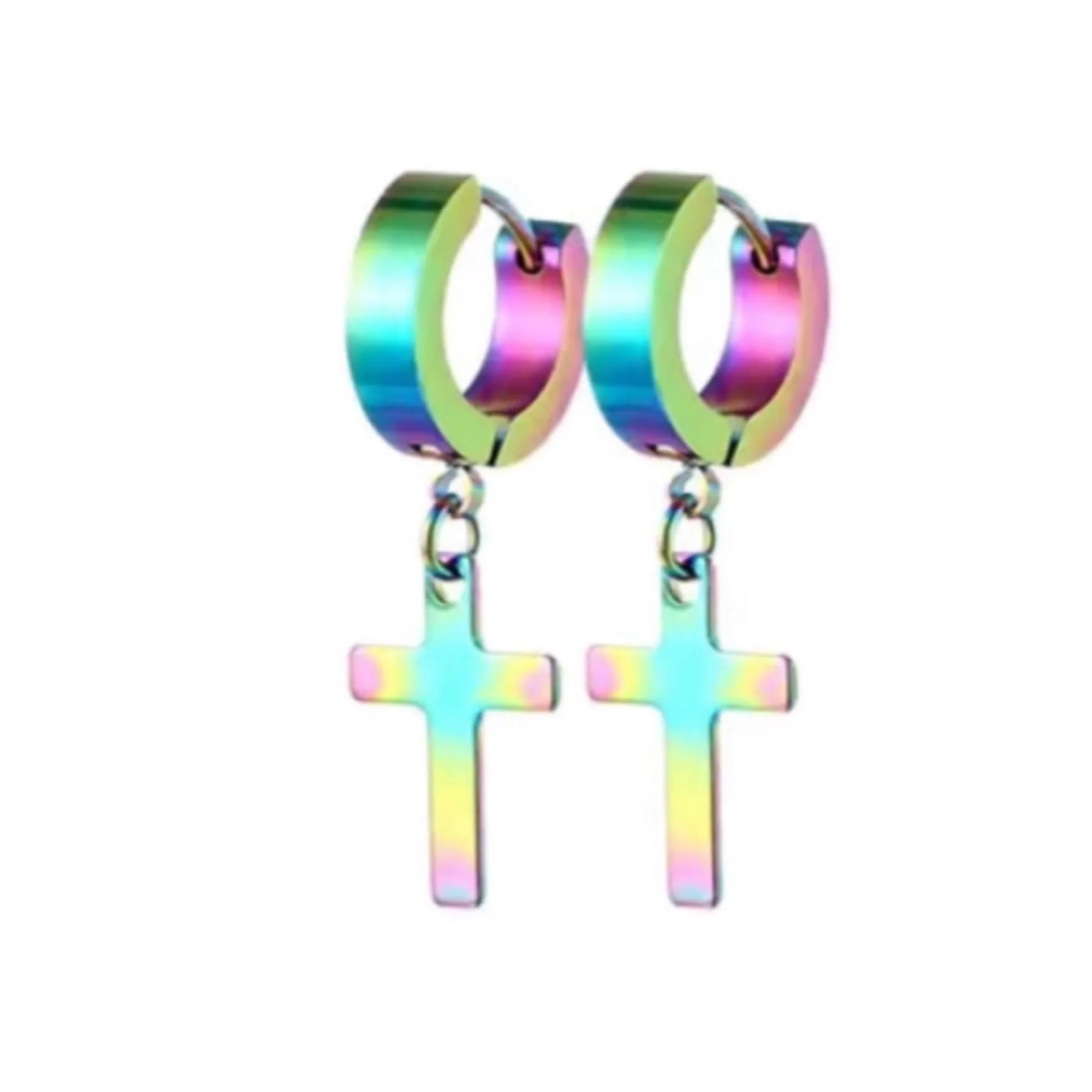 Rainbow Cross Huggie Hoop Earrings