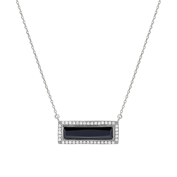 Rhodium Finish Sterling Silver Necklace with Rectangular Simulated Onyx Stone and Simulated Diamonds on 16" - 18" Chain