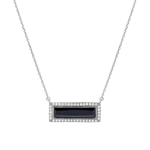 Rhodium Finish Sterling Silver Necklace with Rectangular Simulated Onyx Stone and Simulated Diamonds on 16" - 18" Chain