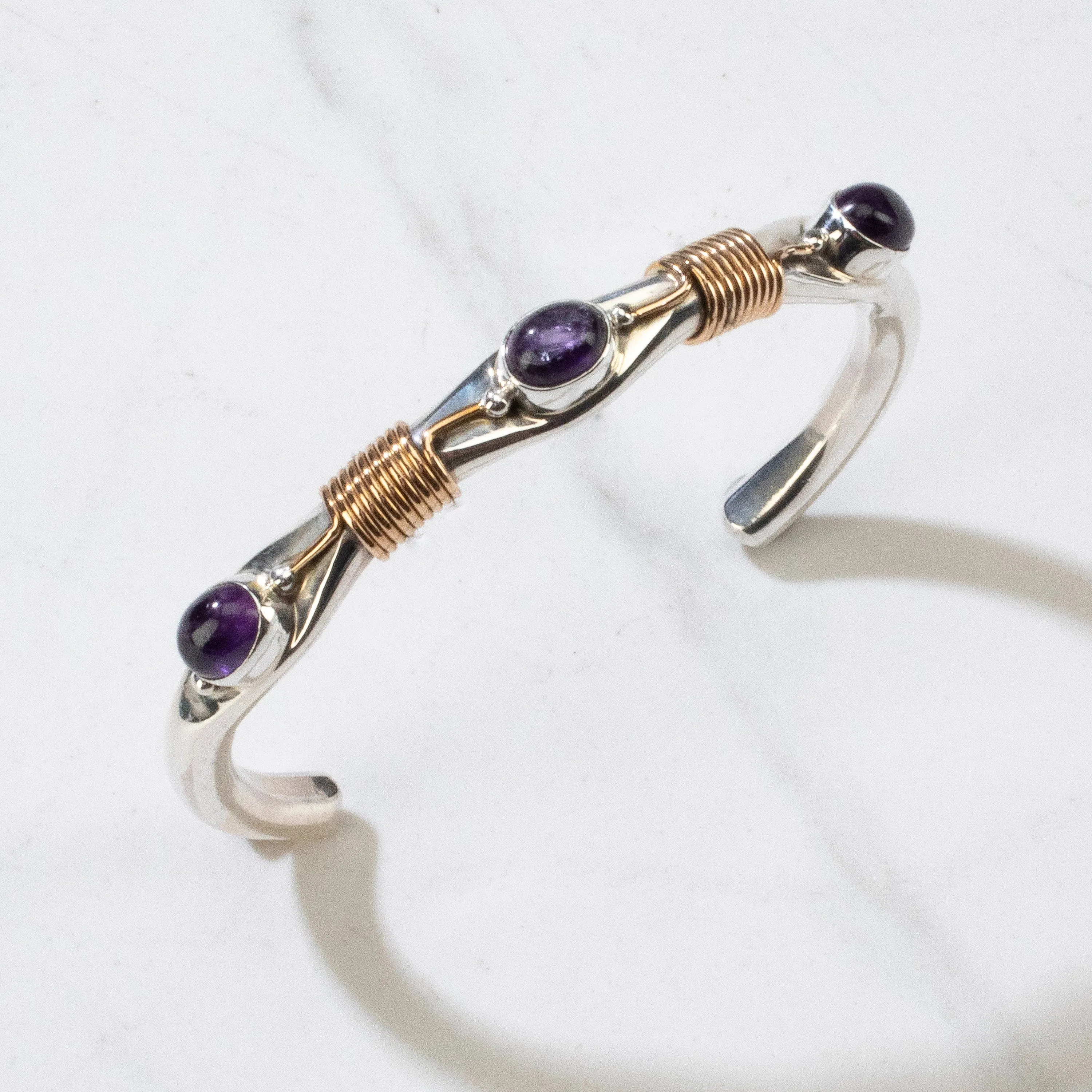 Russell Sam Amethyst Navajo USA Native American Made 12K Gold Filled & 925 Sterling Silver Cuff