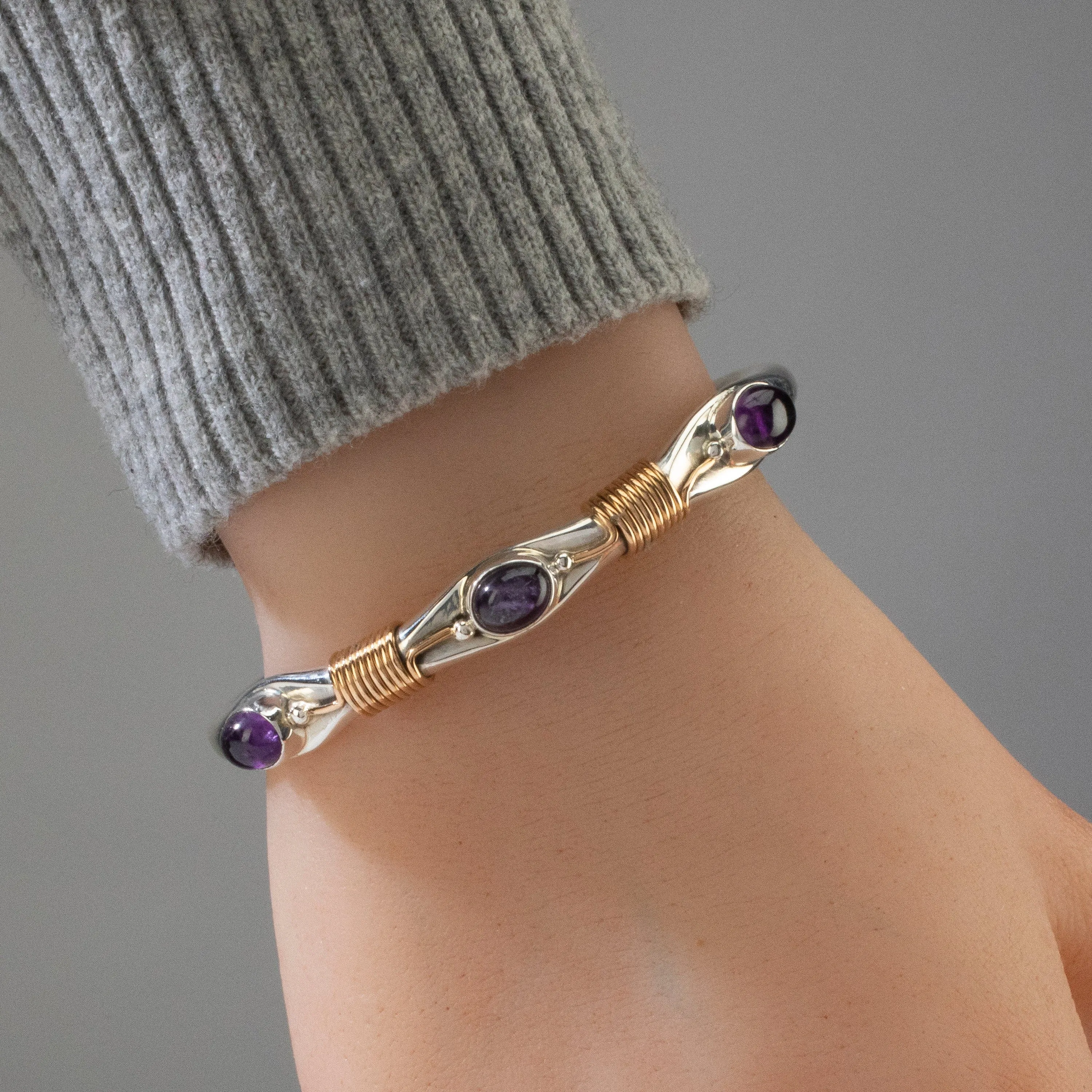 Russell Sam Amethyst Navajo USA Native American Made 12K Gold Filled & 925 Sterling Silver Cuff