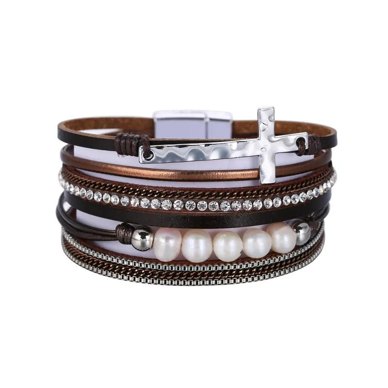 Sisslia Leather Wrap Multi-Layer Bracelet For Women Bracelets Magnetic Clasp Bangle Cuff Stacked Bracelet For Teen