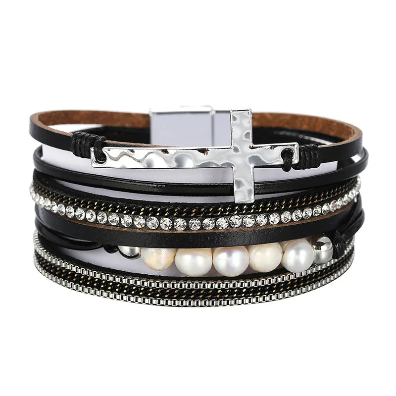 Sisslia Leather Wrap Multi-Layer Bracelet For Women Bracelets Magnetic Clasp Bangle Cuff Stacked Bracelet For Teen