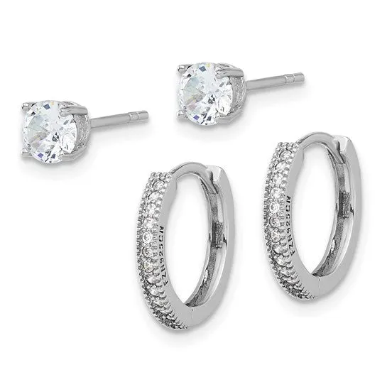 Sterling Silver CZ 2mm Hoop and 5mm Stud Post Earrings Set