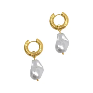 Tarnish Resistant 14k Gold Plated Shell Pearl Chubby Hoop Earrings