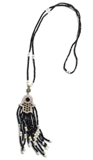 Turkish Artisan Small Jeweled Khamsa Tassel Necklace - Black - Final Sale