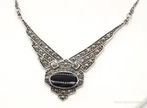 Vintage Designer Boma Black Onyx Marcasite Sterling Silver Necklace